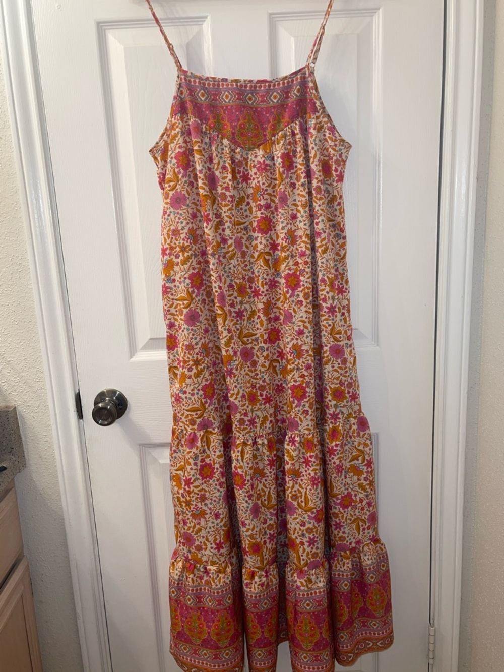 Floral Spaghetti-Strap Maxi Dress in Pink & Mustard